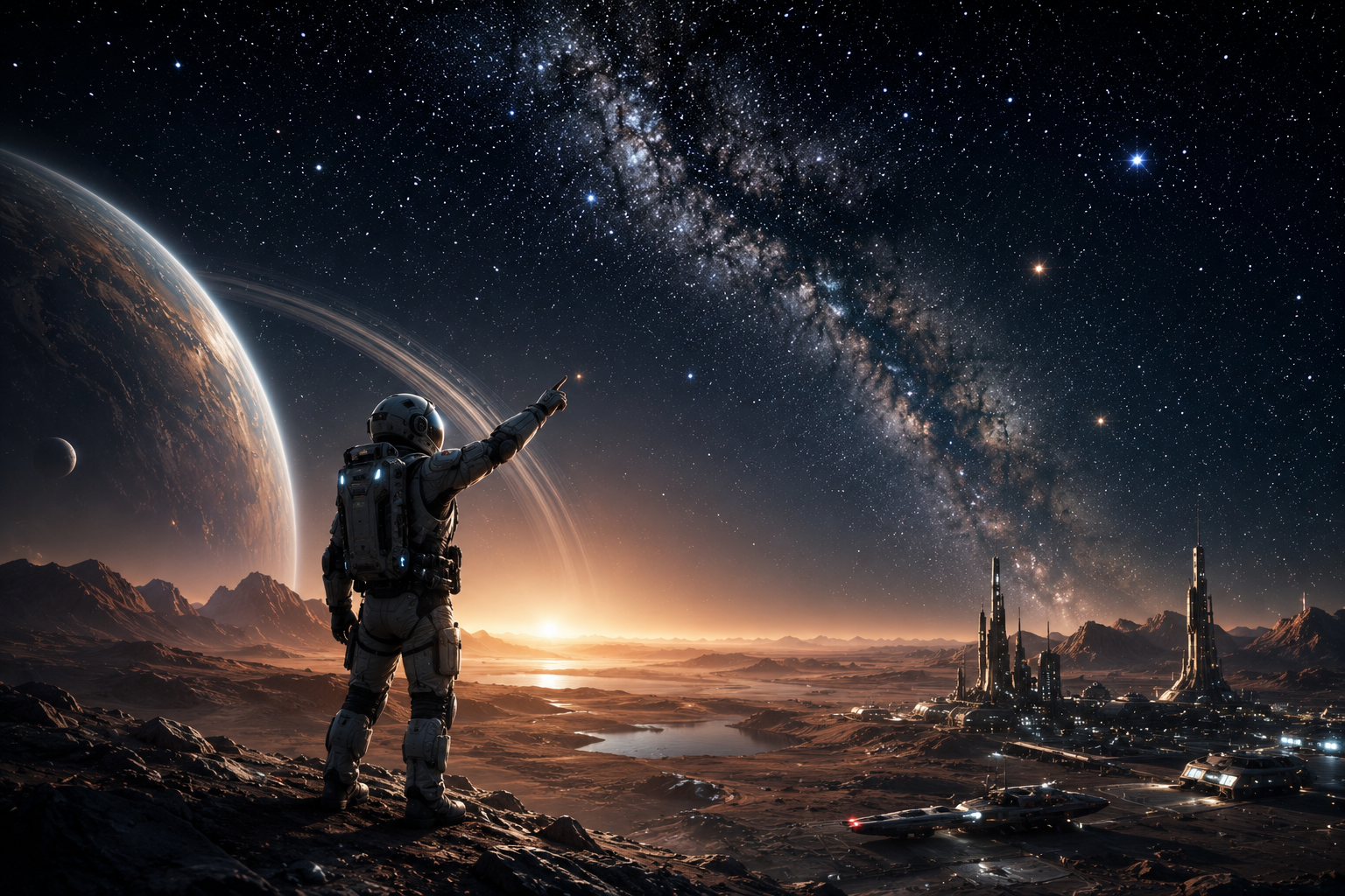 Futuristic astronaut pointing toward another planet